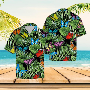 Butterfly Green Tropical Leaves Hawaiian Shirt