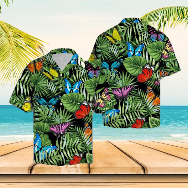 Butterfly Green Tropical Leaves Hawaiian Shirt