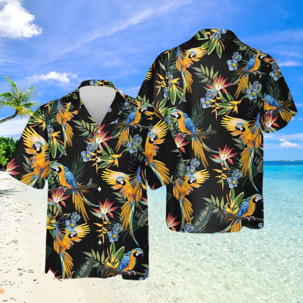 Parrots Green Banana Palm Leaves Hawaiian Shirt
